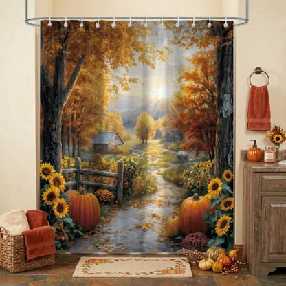 Autumn Country Road Shower Curtain, 72 x 78 Inch Fall Landscape Bathroom Curtain with Pumpkins, Sunflowers, Trees and Farmhouse Path Decor