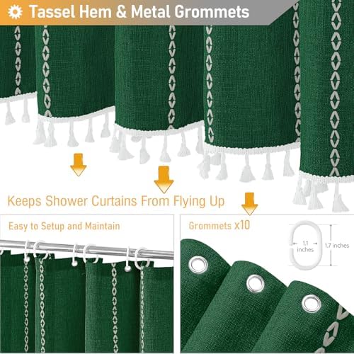 BTTN 54x78 Boho Farmhouse Linen Heavy Duty Shower Curtain, Emerald Green