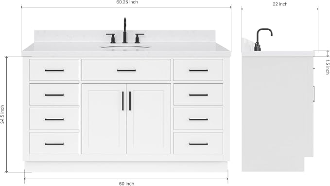 ARIEL Hepburn 60-inch Bathroom Vanity with Sink,Solid Wood, 1.5-inch Carrara White Quartz Countertop & Backsplash, Single Rectangular Porcelain Sink, 2 Soft Closing Doors, 9 Dovetail Drawers, White