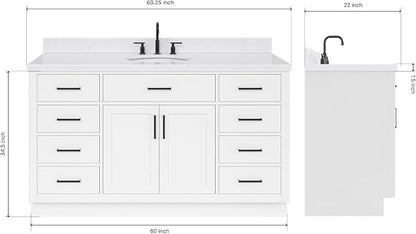 ARIEL Hepburn 60-inch Bathroom Vanity with Sink,Solid Wood, 1.5-inch Carrara White Quartz Countertop & Backsplash, Single Rectangular Porcelain Sink, 2 Soft Closing Doors, 9 Dovetail Drawers, White