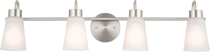 Kichler Erma 4-Light Bathroom Vanity Light Fixture with Clear Satin Etched Glass, Updated Traditional Wall Light in Brushed Nickel, (32.5" x 8.5")