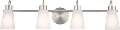 Kichler Erma 4-Light Bathroom Vanity Light Fixture with Clear Satin Etched Glass, Updated Traditional Wall Light in Brushed Nickel, (32.5" x 8.5")