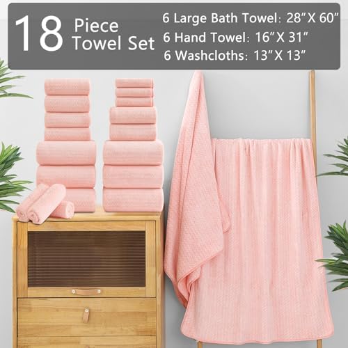 Ycosy 18 Piece Bath Towels Set,100% Microfiber Family Bathroom Towel with Hanging Loops-6 Bath Towels,6 Hand Towels,6 Washcloths,Quick Dry Highly Absorbent Shower Towel for Bathroom,Hotel,Spa-Pink