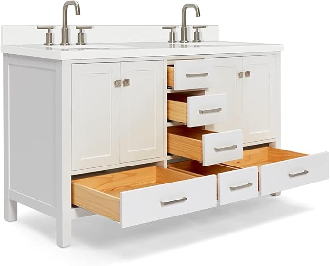DKB Beckford 60" White Double Bathroom Vanity with Sink, 1.5" Pure White Quartz Countertop, Rectangular Undermount Sinks, 4 Soft Closing Doors, 6 Full Extension Dovetail Drawers