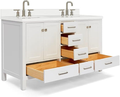 ARIEL Cambridge 60-inch Bathroom Vanity with Sink,Solid Wood, 1.5-inch Pure White Quartz Countertop & Backsplash, Double Rectangular Porcelain Sink, 4 Soft Closing Doors, 6 Dovetail Drawers, White