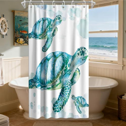 Ocean Beach Nautical Sea Turtle Shower Curtain, Coastal Tropical Shower Curtains for Bathroom Decor and Accessories, Waterproof Shower Curtain Set with Hooks, Machine Washable Fabric 36 x 72 inch Teal