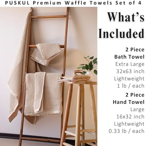 PÜSKÜL Natural 100% Turkish Cotton Waffle Towels Set of 4-Piece, Beige