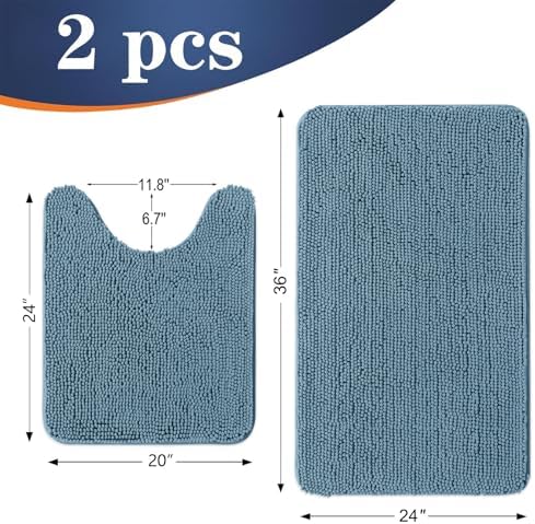 OLANLY Chenille Bathroom Rugs Mats Sets 2 Piece, 36"x24"+24"x20", Airy Blue