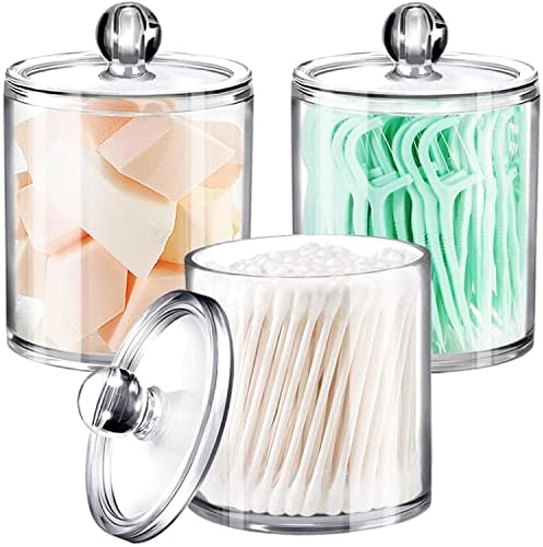 SheeChung 3 Pack Acrylic Qtip Holder with Labels, Qtip Jars for Bathroom