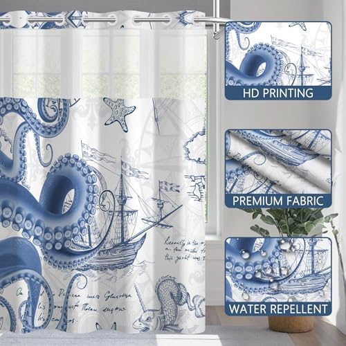 No Hook Shower Curtain with Snap-in Liner 71x74 Inch