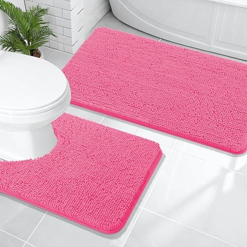 OLANLY Chenille Bathroom Rugs Mats Sets 2 Piece, 47"x20"+24"x20", Hot Pink