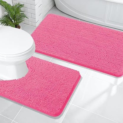 OLANLY Chenille Bathroom Rugs Mats Sets 2 Piece, 47"x20"+24"x20", Hot Pink