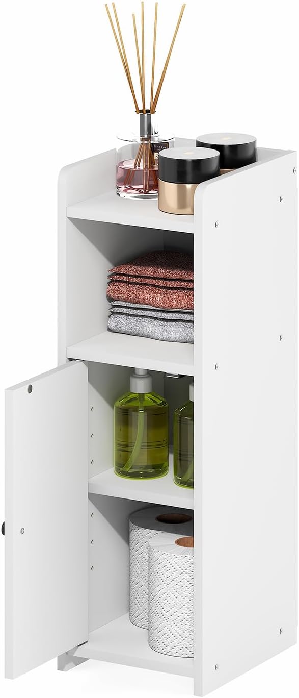 Furinno Fulda Bathroom Storage Cabinet, 4-Tier Bathroom Cabinet, Narrow Cabinet with Door and Adjustable Shelves, 24H, for Small Spaces, Bathroom, Living Room, Entryway, White