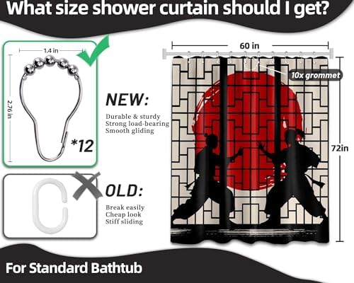 Japanese Shower Curtain Japan Anime Asian Black and Red Shower Curtains for Manly Bathroom Decor Sets, Waterproof Cloth Fabric with Hooks, 60x72 Inch