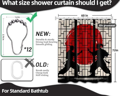 Japanese Shower Curtain Japan Anime Asian Black and Red Shower Curtains for Manly Bathroom Decor Sets, Waterproof Cloth Fabric with Hooks, 60x72 Inch