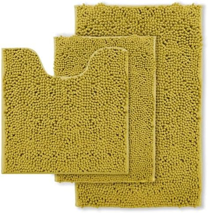 RUN HELIX Bathroom Rugs Sets 3pcs Extra Soft Chenille Mats Non Slip Bath Mat,Absorbent Shaggy Perfect Plush with U-Shaped Toilet Rug,Bathroom Carpets , Golden Yellow, 16〞x24〞&20〞x32〞&20〞x20〞U Shape