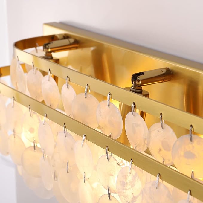 TOCHIC 3 Lights Vanity Light with Natural Capiz Shell Shade, Brushed Gold Bathroom Dimmable Vanity Light, Modern Wall Lighting Fixture for Mirror Cabinets, Powder Room, Bedroom, Living Room, 23”W