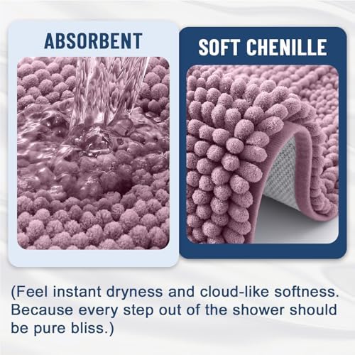 Grandaily Chenille Striped Bathroom Rugs 59x24, Extra Thick and Soft Absorbent Bath Mats, Rubber Backing, Plush Shaggy Shower Carpet, Machine Wash Dry, Bath Rug for Bathroom, Deep Plum