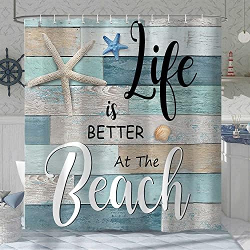 Beach Shower Curtain, Rustic Vintage Wood Ocean Quote Words Summer Fabric Decor Bath Curtain, Nautical Coastal Starfish Theme Bathroom Curtain Accessories with Hooks 72X72in