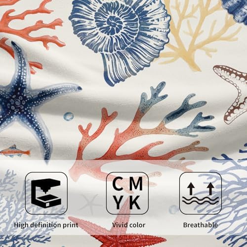 Nautical Coastal Hand Towels Set of 2, Beach Themed Ocean Seashell Coral Starfish Decorative Bathroom Towel 28x14 Inch, Soft Absorbent Microfiber Wash Cloth for Kitchen Gym Hotel Home Decor