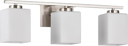 Edvivi Bathroom Light Fixtures, 3-Light Modern Brushed Nickel Vanity Light Over Mirror, Wall Sconces with Square White Glass Shades for Living Room, Bedroom, Hallway, E26 Base
