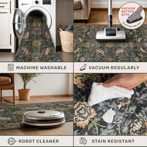 Washable Living Room Rug 6x8 - Green Floral Nature Rugs for Bedroom, Office, Dining Room Kitchen Table Rug for Under Table, Non-Slip Stain Resistant Low Pile Throw Carpet Indoor Door Mat