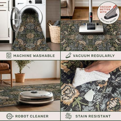 Vintage 8x12 Area Rug for Living Room - Green Botanical & Bird Patterned Rugs for Dining Room Rugs, Bedroom Under Bed, Traditional Cottage Brown and Green Décor, Washable Non Slip Foldable Carpet
