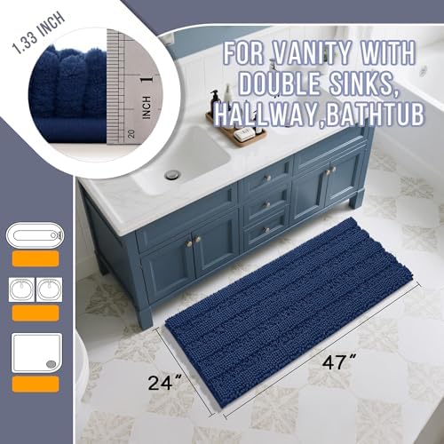 Yimobra Bathroom Rug Mat 47 x 24, Non Slip and Super Absorbent Bath Mat,Machine Washable Quick Dry,Ultra Plush Chenille Shower Rugs for Bathroom Floor Sink Tub and Shower Outside,Navy Blue