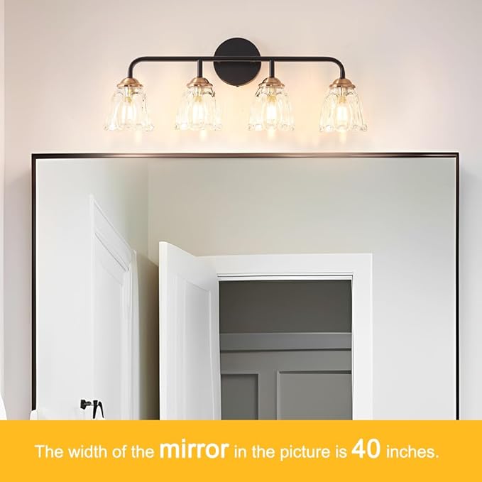 4-Light Vintage Vanity Light, Black and Gold Bathroom Vanity Light Fixtures Over Mirror, Elegant Bathroom Light Fixtures with Clear Glass Shade, Wall Sconce Lighting for Bedroom, Living Room