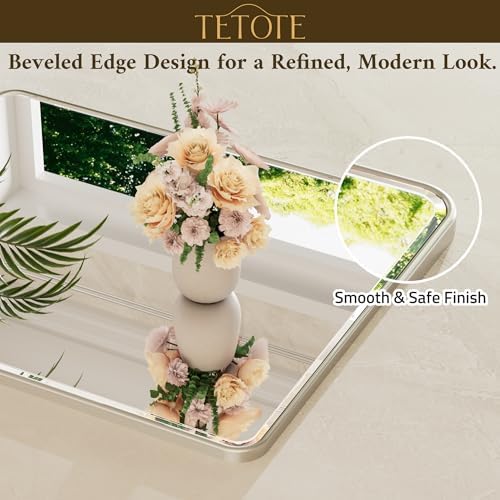 TETOTE Brushed Nickel Vanity Mirror for Bathroom 36 x 36 Beveled Edge Tempered Glass, Rounded Corner Rectangle Wall Mirror for Modern Bathroom, Living Room, Bedroom, Entryway