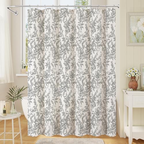 Black Boho Linen Fabric Shower Curtain , Farmhouse Floral For Bathroom