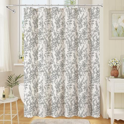 Black Boho Linen Fabric Shower Curtain , Farmhouse Floral For Bathroom