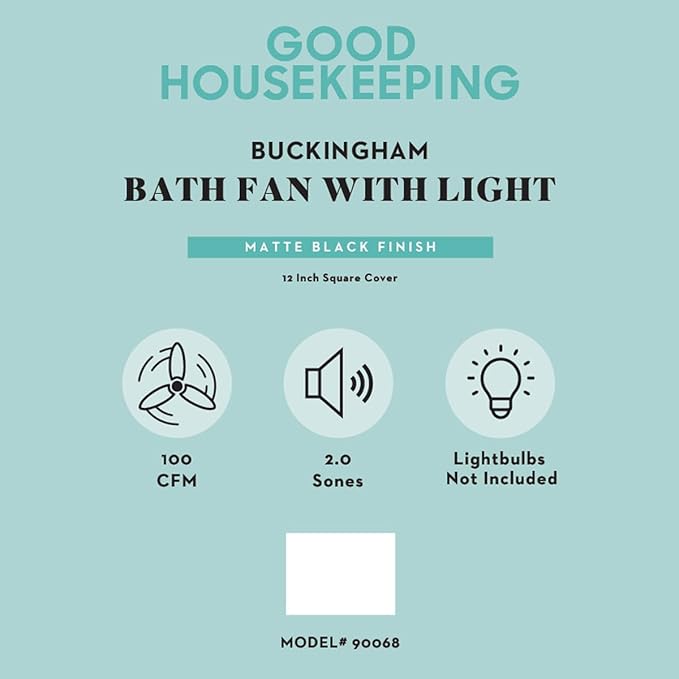 Good Housekeeping (90068) Buckingham 100 CFM 2.0 Sones Decorative Bathroom Ventilation Exhaust Fan with Light & Night-Light in Matte Black
