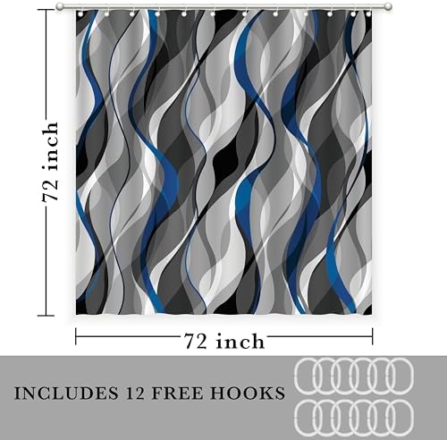 weesire Blue and Grey Shower Curtain for Bathroom Blue and Black Shower Curtain Fabric Modern Abstract Striped Minimalist Bath Curtains Waterproof Shower Curtains Set, Black Gray Blue, 72 x 72 Inch