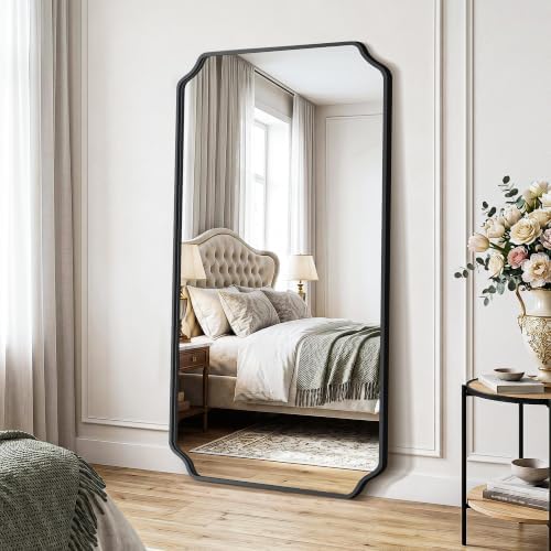 Delma Bathroom Vanity Mirror, Black Framed Aluminum Bathroom Mirror for Over Sink, Scalloped Round Corner Wall Mirror, High-Definition Vanity Mirror, Hangs Horizontally or Vertically (30x55,Black)