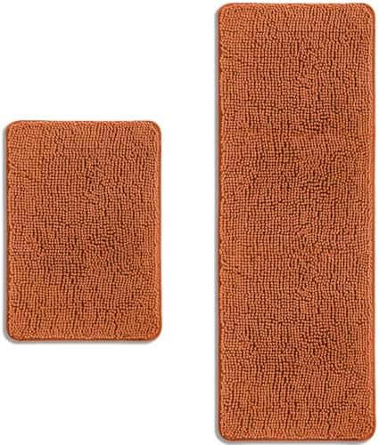 Bathroom Rugs Sets 2 Piece – Absorbent and Washable Bath Mat, Non-Slip, Thick Soft Chenille Bath Rugs for Bathroom Floor, Shower, Sink(17" x 24"+17" x 47", Burnt Orange)