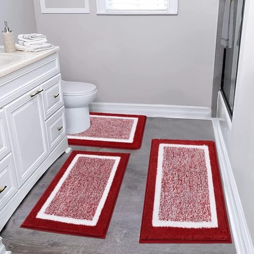 Pauwer 3 Piece Bathroom Rug Set, Non Slip Washable Bath Mat, Red