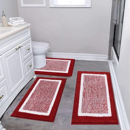Pauwer 3 Piece Bathroom Rug Set, Non Slip Washable Bath Mat, Red