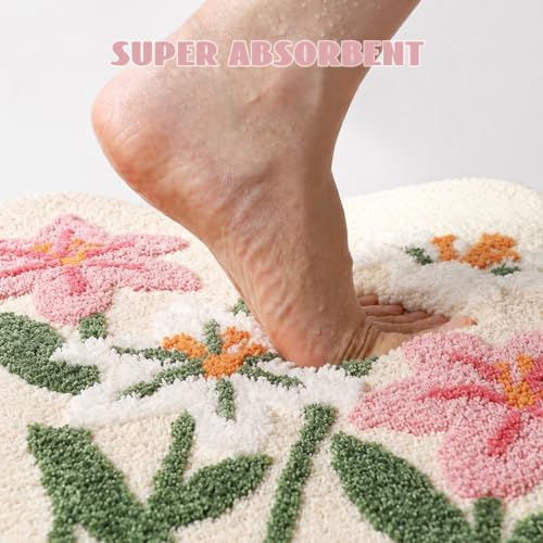 Cloud-Shaped Lily Bath Mat, Soft Non-Slip Fluffy Fresh Flowers Bathroom Rug, Ultra Absorbent Microfiber Shaggy Door Mat, Machine Washable Bath Rug Carpet for Bathtub Bedroom 20x31 Inch (White)