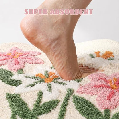 Cloud-Shaped Lily Bath Mat, Soft Non-Slip Fluffy Fresh Flowers Bathroom Rug, Ultra Absorbent Microfiber Shaggy Door Mat, Machine Washable Bath Rug Carpet for Bathtub Bedroom 20x31 Inch (White)
