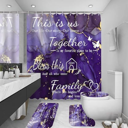 4Pcs Family Marble Shower Curtain Sets with Rugs