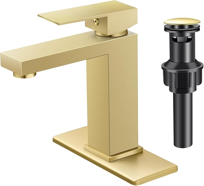 Brushed Gold Single Handle Bathroom Sink Faucet PONAFOU Stainless Steel Vanity Faucet with Pop-Up Drain and Deck