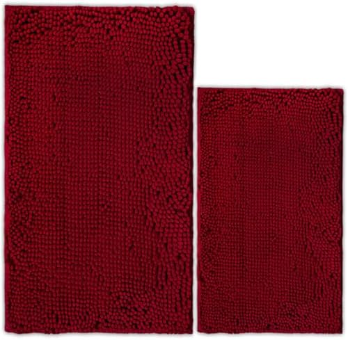 Bathroom Rugs Chenille Bath mat 2 Piece Set, Super Absorbent, PVC Non Slip Backing, Bath mats for Bathroom, Plush Shaggy, Thick, Machine Washable, Bathtub, Shower, Toilet.(Burgundy)