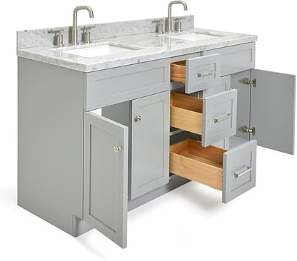 ARIEL Hamlet 60-inch Bathroom Vanity with Sink,Solid Wood, 1.5-inch Italian Carrara Marble Countertop & Backsplash, Double Rectangular Porcelain Sink, 4 Soft Closing Doors, 3 Dovetail Drawers, Grey