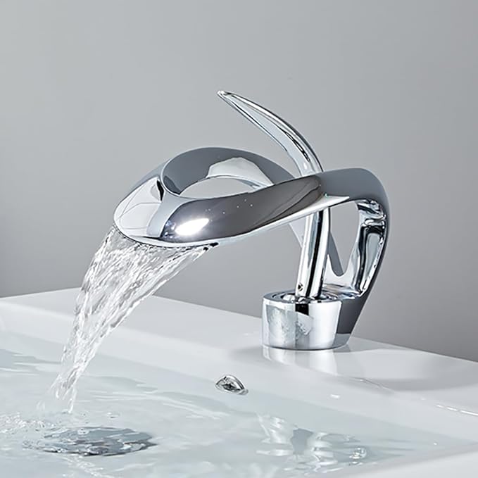 Waterfall Bathroom Faucet Sink Faucet 1 Hole Single Handle Modern Bathroom Faucet Mixed Cold and Hot Water Elegant Design Water Faucet for Sink (Polished Chrome)