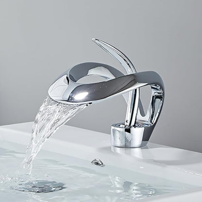 Waterfall Bathroom Faucet Sink Faucet 1 Hole Single Handle Modern Bathroom Faucet Mixed Cold and Hot Water Elegant Design Water Faucet for Sink (Polished Chrome)