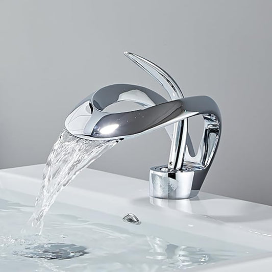 Waterfall Bathroom Faucet Sink Faucet 1 Hole Single Handle Modern Bathroom Faucet Mixed Cold and Hot Water Elegant Design Water Faucet for Sink (Polished Chrome)