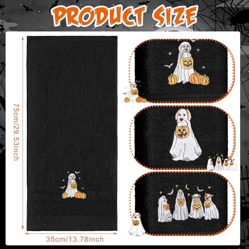 FuWeave 3 Pcs Black Halloween Ghost Dog Hand Towels for Bathroom