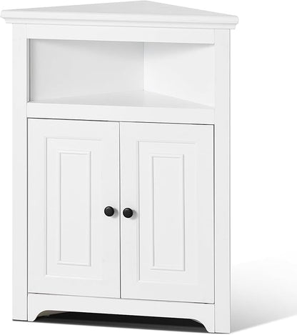 VEVOR 32" Corner Storage Cabinet, 3 Tiers Small Storage Cabinet with 2 Wooden Doors & Adjustable Shelves, Freestanding Corner Kitchen Cabinet for Living Room, Kitchen, Laundry Room, Bathroom, White
