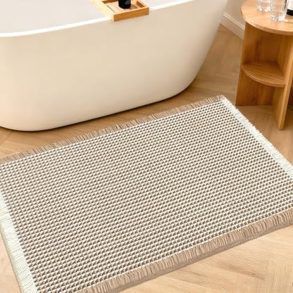 Upgraded Waffle Bath Mat, 24"x17" Brown & Cream, Super Absorbent Non-Slip Quick Dry Bathroom Rugs with Tassels, Machine Washable Ultra Soft Boho Bath Rugs for Floor, Toilet Mats Boho Farmhouse Decor